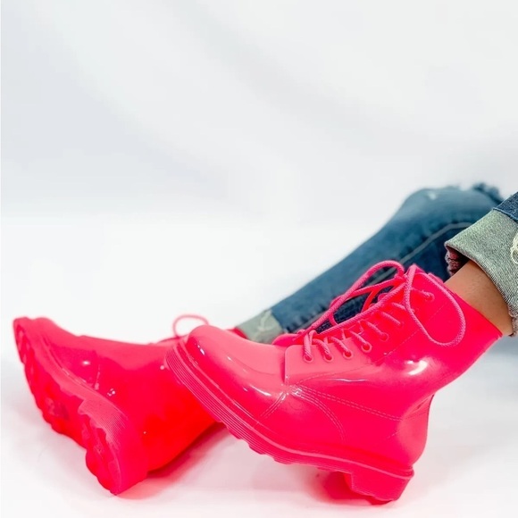 Qupid Vika Pink Neon Jelly Combat Boots Size 8 - Picture 1 of 6